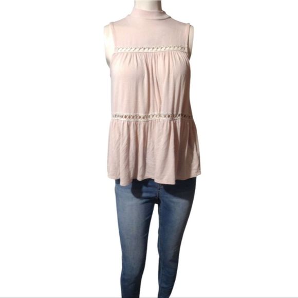 Light Pink Babydoll Style Mock Neck Buttons Crochet Detailing Size XS Basil Lola - Picture 2 of 9